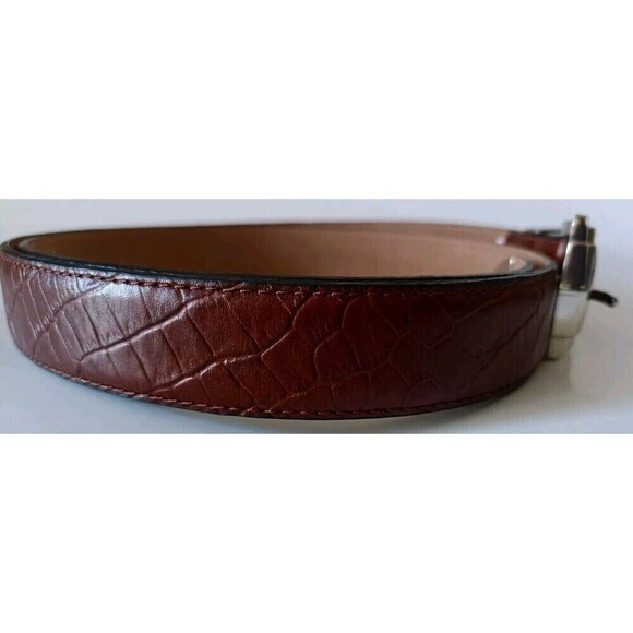 Tasso Elba Leather Belt Size 42 Brown Embossed Unisex Chrome Buckle Men Women - Picture 2 of 10